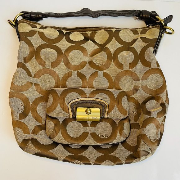 Coach Kristen Hobo Shoulder  Jacquard Canvas Tan Logo Bag READ - Picture 1 of 16